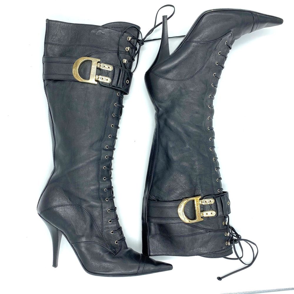 Dior Black Leather Lace Up Knee-High Boots 7.5